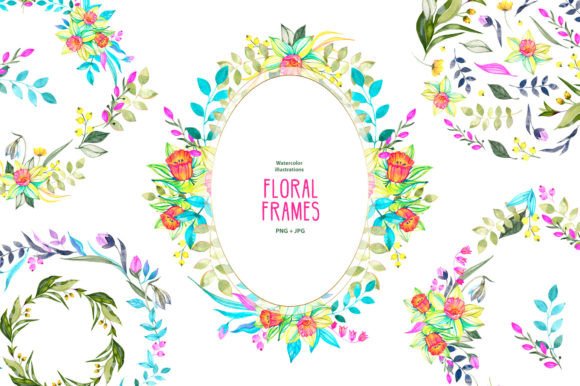 8 Watercolor Bright Floral Frames for Lifestyle & Editorial Design