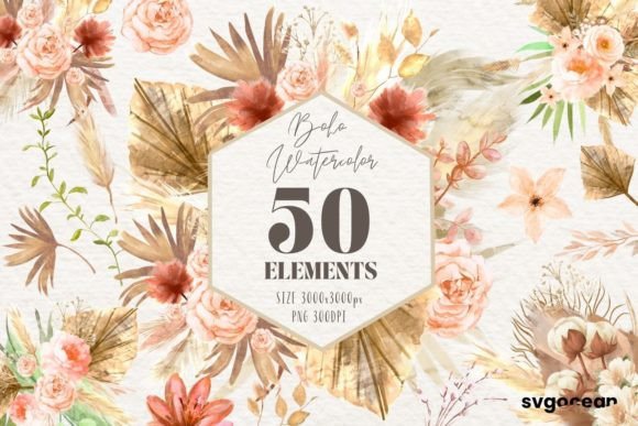 Boho Flowers Watercolor Clipart Bundle for Marketing & Brand Illustrations