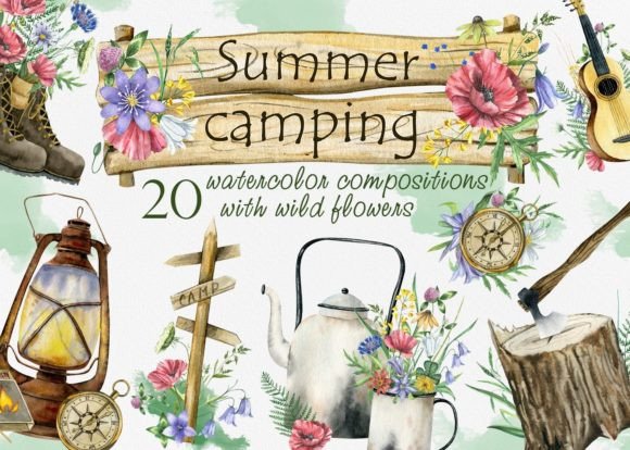 Camping and Wild Flowers Watercolor Illustrations
