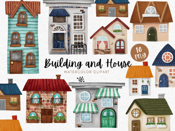 Charming Building and House Watercolor Clipart for Crafters and Etsy Sellers
