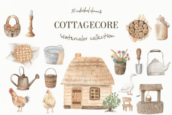 Cottagecore Watercolor Illustrations for Commercial Use