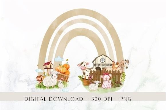 Farm Animals Rainbow Watercolor PNG: A Cheerful Illustration for Crafters & Etsy Sellers