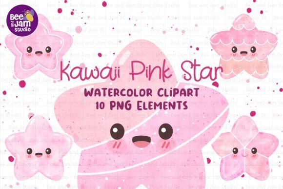 Kawaii Pink Star Watercolor Clipart, PNG for Local Branding & Packaging Design