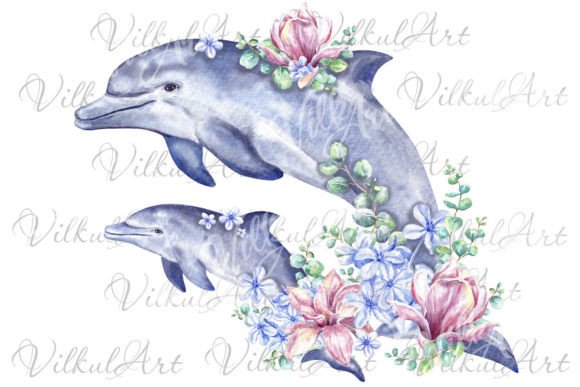 Refreshing Ocean Vibes: Dolphins Sea Sublimation Watercolor Illustrations for Coastal Branding