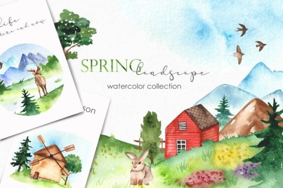 Spring Landscape Watercolor Illustrations for Editorial Use