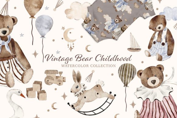 Vintage Bear Childhood Watercolor Baby Illustrations for Blog and Editorial Design