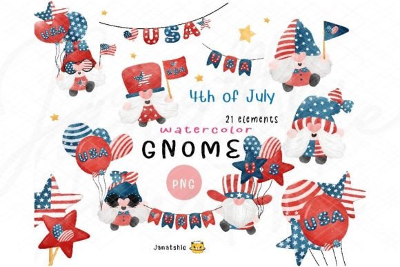 Watercolor 4th of July Gnomes Clipart Illustrations