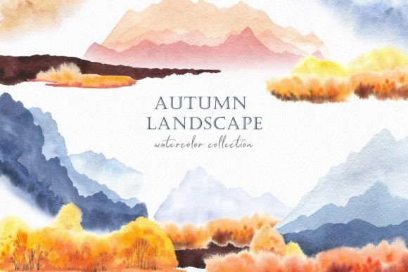 Watercolor Autumn Landscape Clipart: Editorial Illustrations