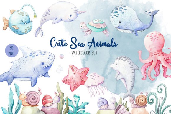 Watercolor Clipart Cute Sea Animals Illustrations