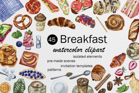 Watercolor Coffee Pastry Bruschetta Set Illustrations