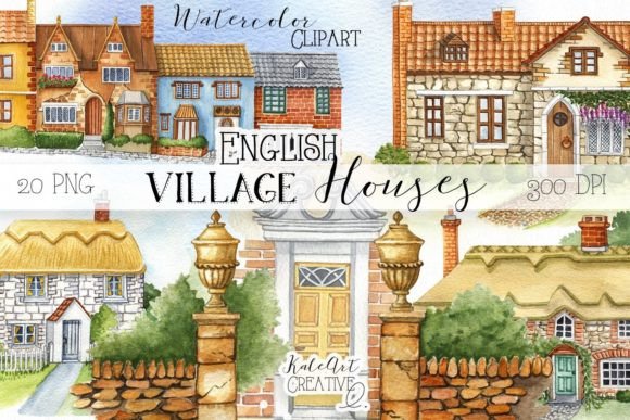 Watercolor English Village House Illustrations for Editorial Use