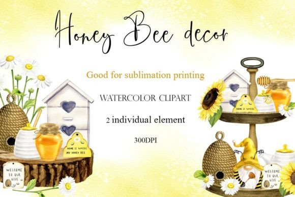 Watercolor Honey Bee Tiered Tray Illustrations for Creative Sellers