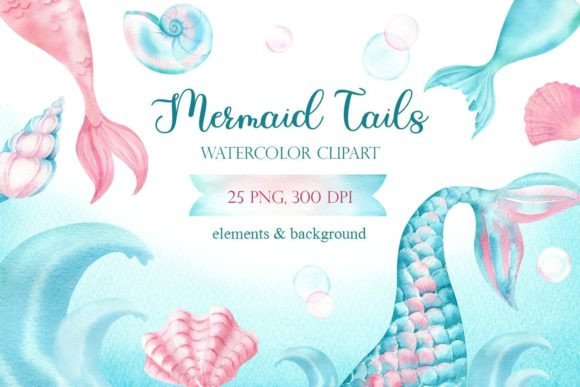 Watercolor Mermaid Tails Teal, Pink PNG Illustrations