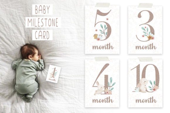 Watercolor Newborn Baby Milestone Card Illustrations for Soft, Emotional Branding