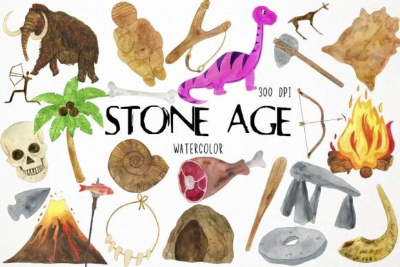 Watercolor Stone Age Clipart for Prehistoric-Inspired Design Projects