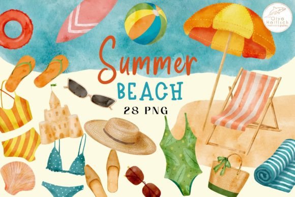 Watercolor Summer Beach Clipart Set: Editorial Illustrations