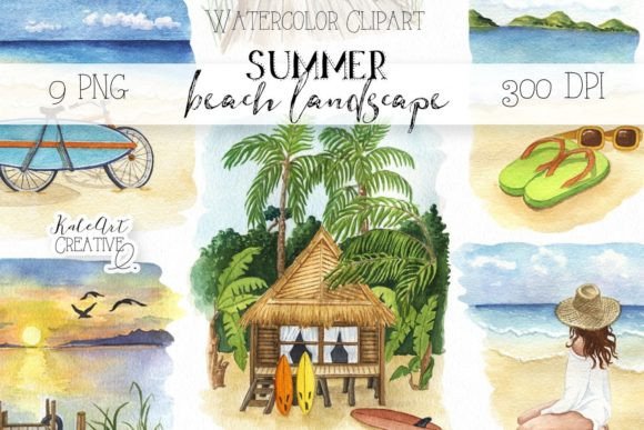 Watercolor Summer Beach Landscape Illustrations for Crafters