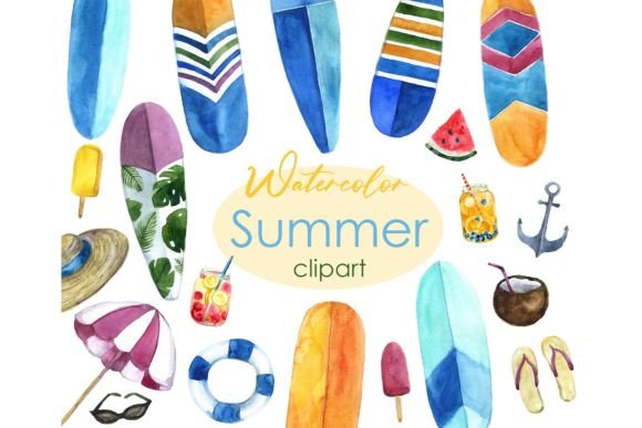 Watercolor Summer Set Clipart for Beach Lovers
