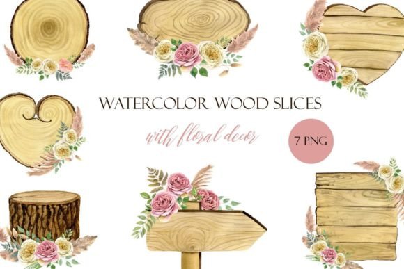 Watercolor Wooden Slice Floral Decor Illustrations for Digital Sellers